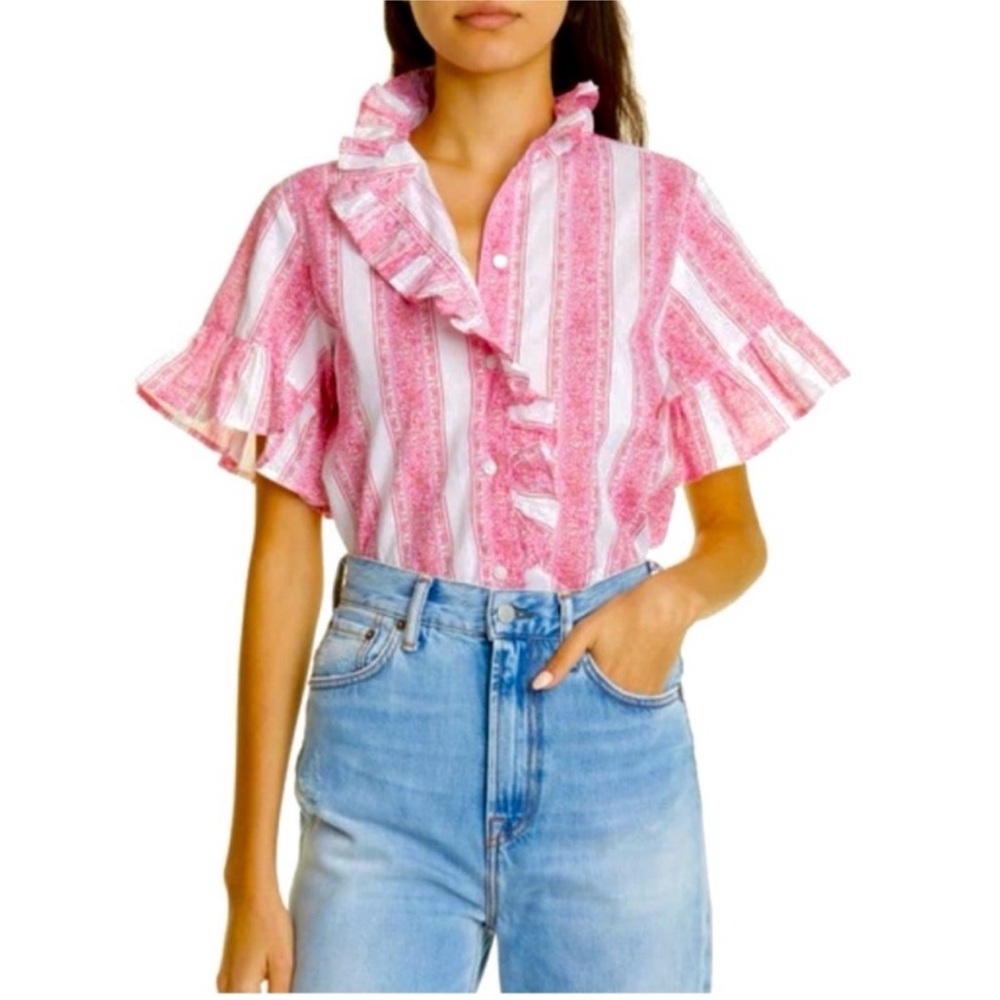 Pink Striped Ruffle-Trim Blouse